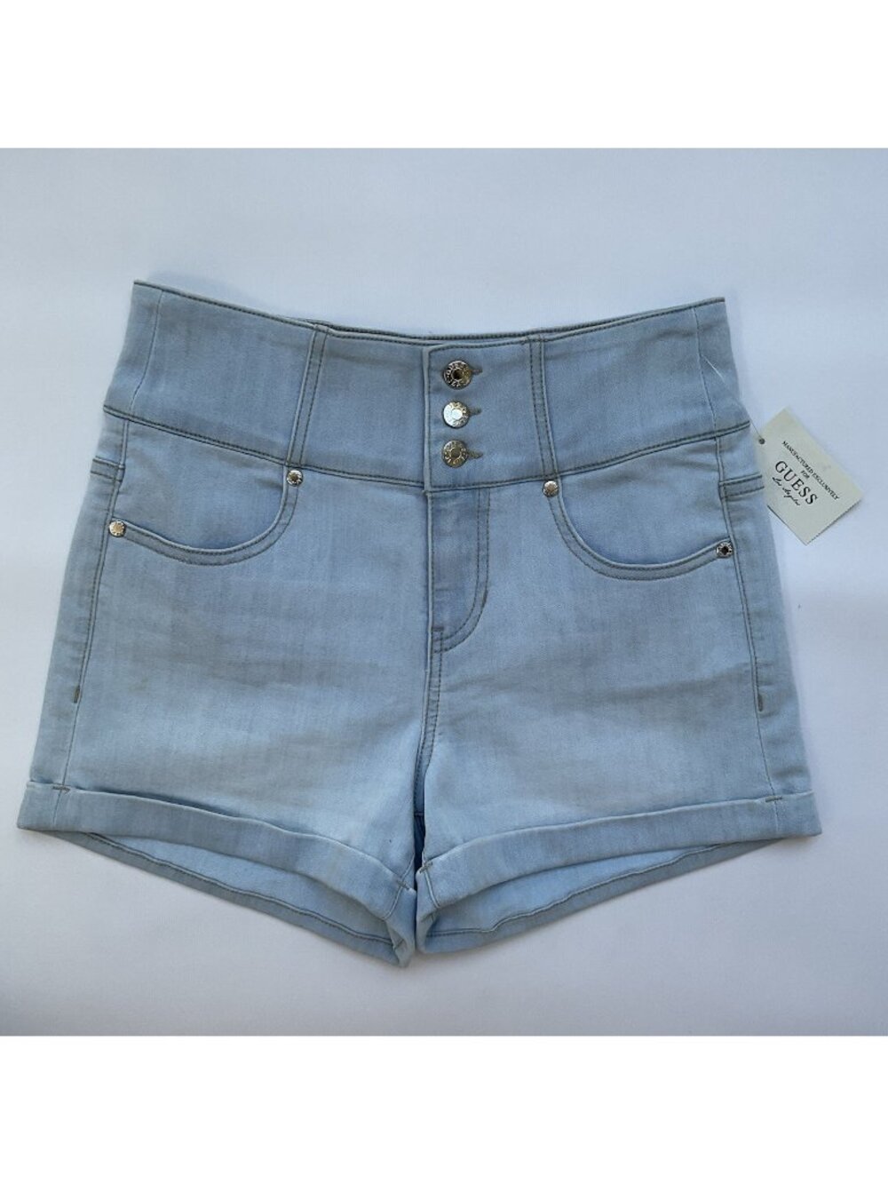 Guess Women’s Button High Waisted Short In Light Blue Stretch Denim Size 27